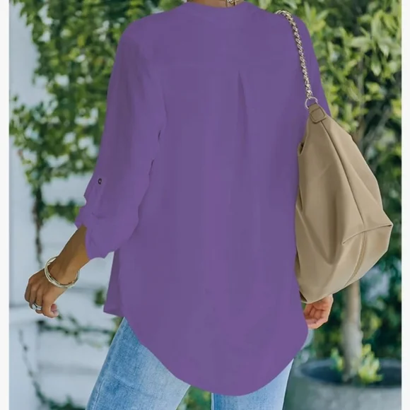 Roswear Women's Business Casual V Neck Cuffed Sleeve Blouse - Picture 2 of 4